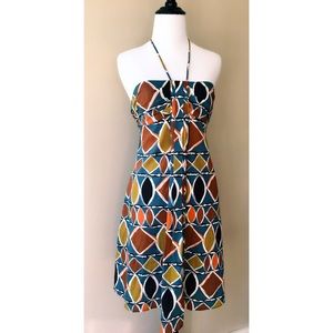 BCBGMaxAzria Geo Print Pleated Front Halter Dress